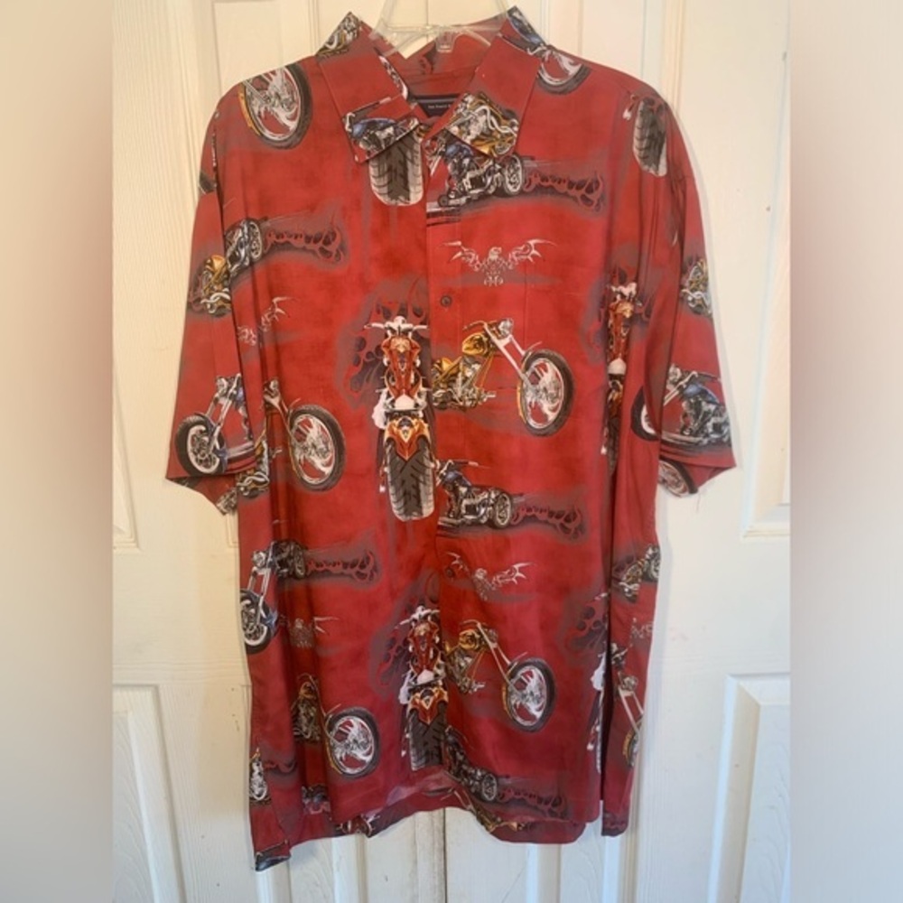 Mens XL Vintage Red Motorcycle North River Hawaiian Button Down Shirt